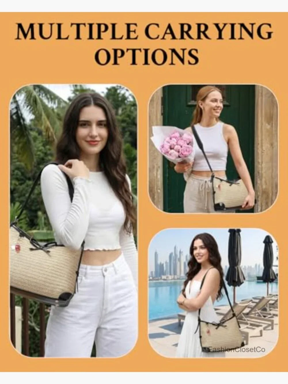 Straw Woven Hobo Crossbody Bag with Adjustable Strap, Summer Beach Tote